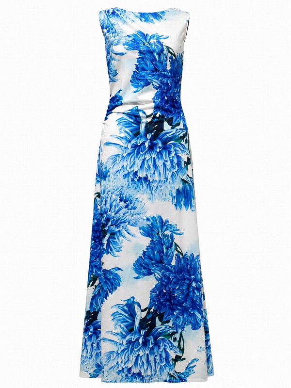 【新品DRESS 1629】大判花柄プリントストレッチフレアロングドレス ホワイト【KAREN MILLEN】